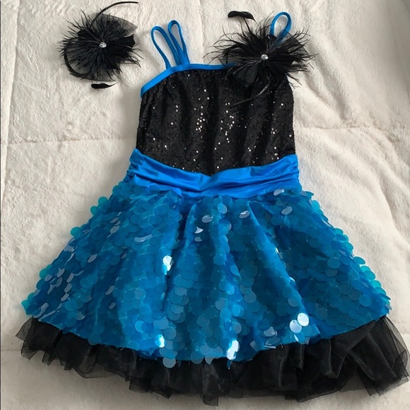 Weissman SA Dance Costume Blue Black Dress & hairpiece EUC Small - Picture 1 of 10